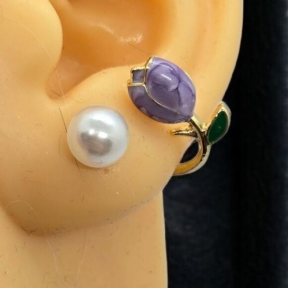 Purple Tulip Pearl Ear Jackets Wrap Earrings Wedding Bridal Bride Formal Jewelry - Picture 1 of 8
